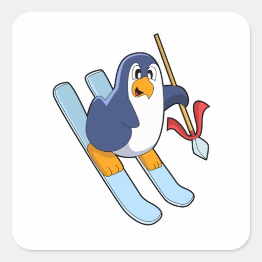 Pinguin als Skifahrer mit Ski Quadratischer Aufkleber (Vorderseite)