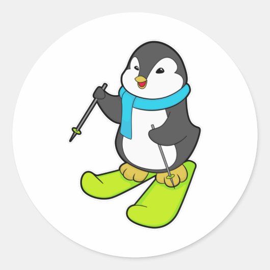 Pinguin als Skifahrer mit Ski Runder Aufkleber (Vorderseite)