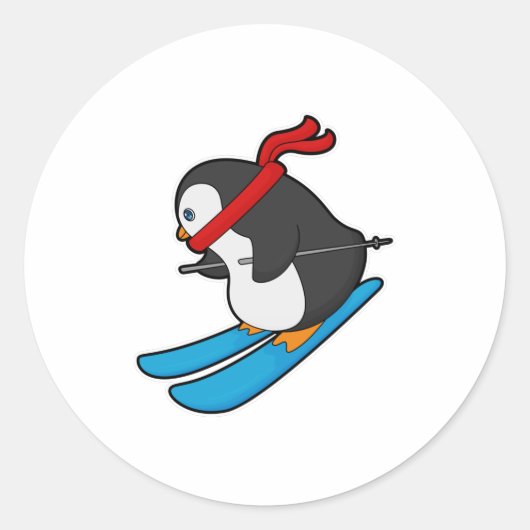 Pinguin als Skifahrer mit Ski Runder Aufkleber (Vorderseite)