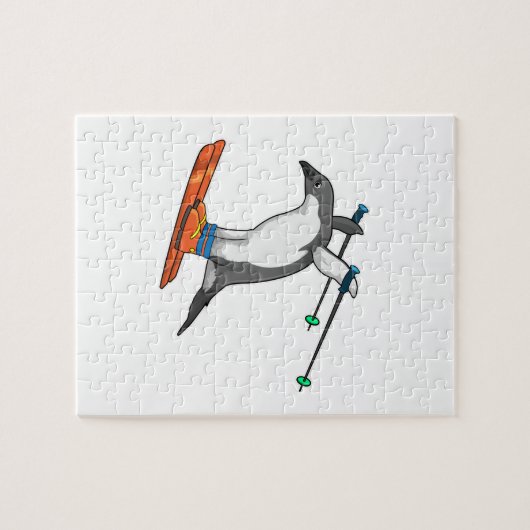 Pinguin als Skijumper mit Ski Puzzle (Horizontal)