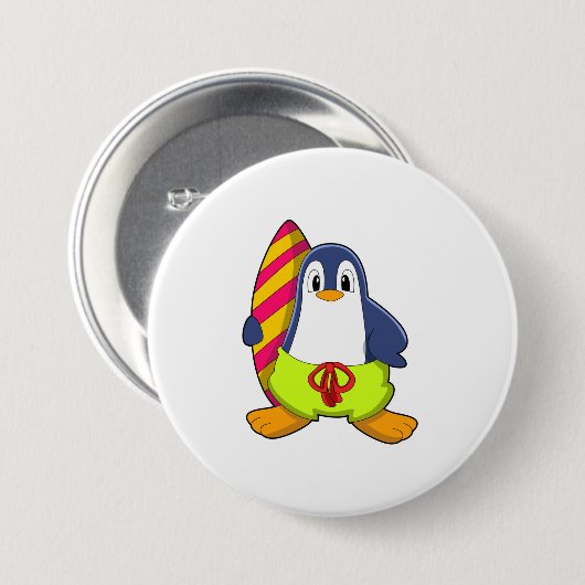 Pinguin als Surfer mit Surfbrett Button (Vorne & Hinten)