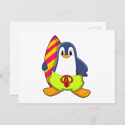 Pinguin als Surfer mit Surfbrett Postkarte (Vorne/Hinten)