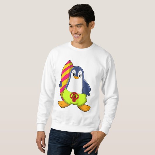 Pinguin als Surfer mit Surfbrett Sweatshirt (Vorne ganz)