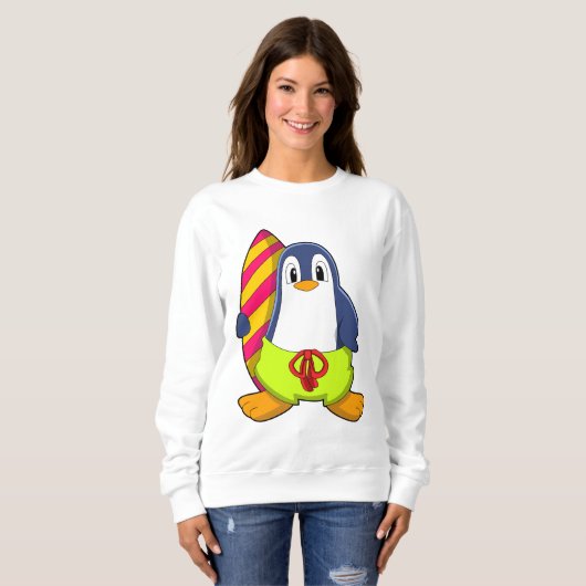 Pinguin als Surfer mit Surfbrett Sweatshirt (Vorne ganz)