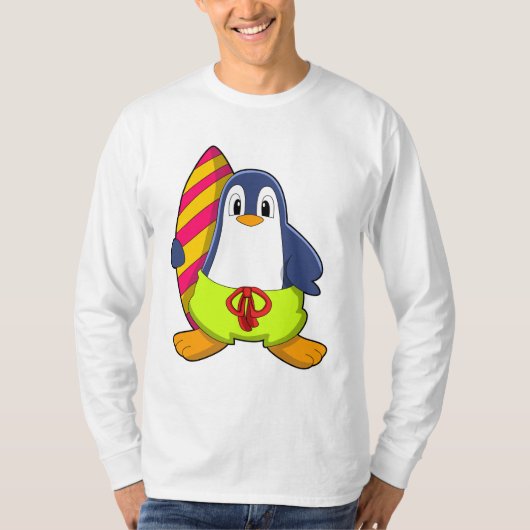 Pinguin als Surfer mit Surfbrett T-Shirt (Vorderseite)