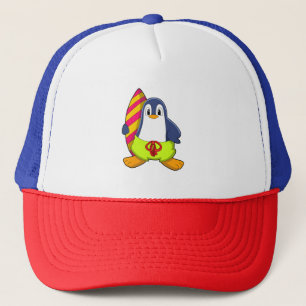 Pinguin als Surfer mit Surfbrett Truckerkappe