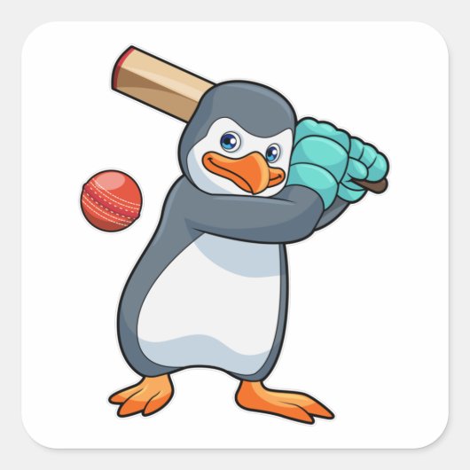 Pinguin auf Cricket mit Cricket-Fledermaus Quadratischer Aufkleber (Vorderseite)