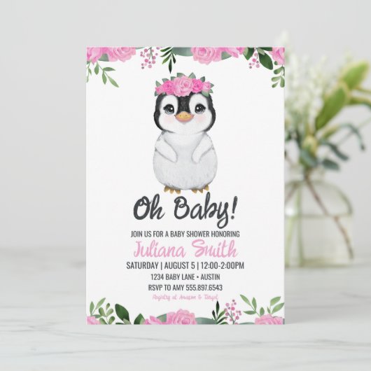 Pinguin Baby Dusche Blütenrosa Schwarz Einladung (Stehend Vorderseite)