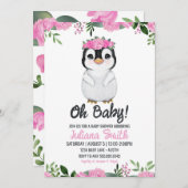 Pinguin Baby Dusche Blütenrosa Schwarz Einladung (Vorne/Hinten)