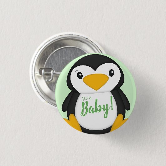 Pinguin Baby Dusche grün Button (Vorne & Hinten)