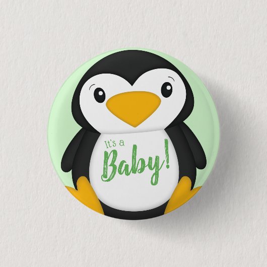 Pinguin Baby Dusche grün Button (Vorderseite)