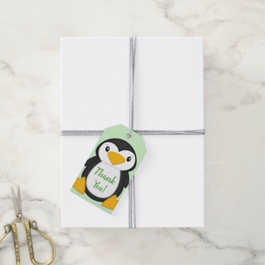 Pinguin Baby Dusche grün Geschenkanhänger (Mit Garn)
