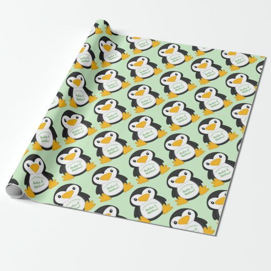 Pinguin Baby Dusche grün Geschenkpapier (Ungerollt)