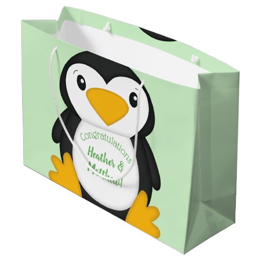 Pinguin Baby Dusche grün Große Geschenktüte (Rückseite Schrägansicht)