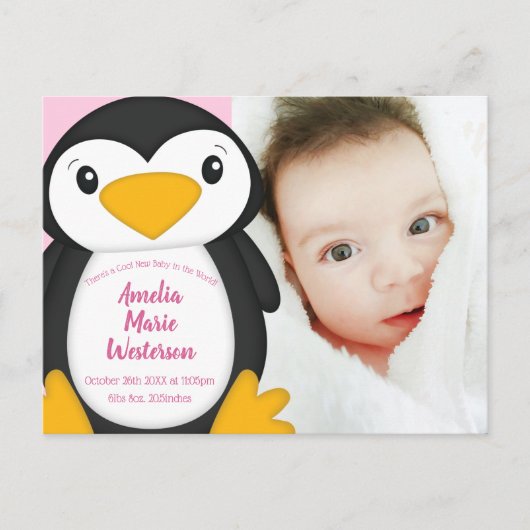 Pinguin Baby Dusche Pink Girl Postkarte (Vorderseite)