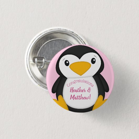Pinguin Baby Dusche Rosa Button (Vorne & Hinten)
