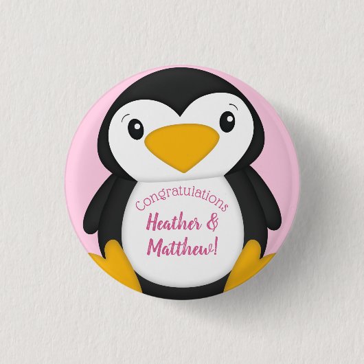 Pinguin Baby Dusche Rosa Button (Vorderseite)