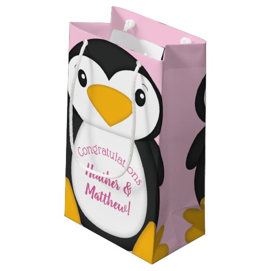 Pinguin Baby Dusche Rosa Kleine Geschenktüte (Rückseite Schrägansicht)