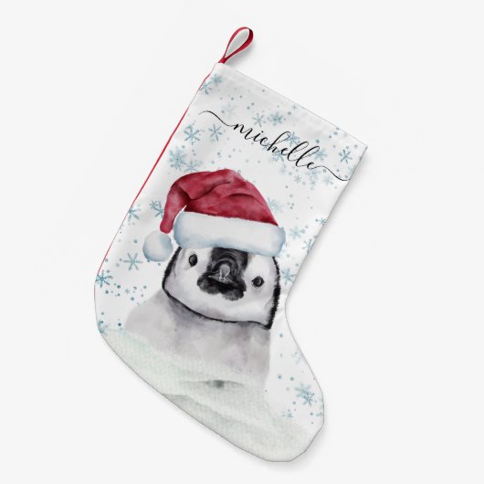 Pinguin Baby Monogram Name Script Kleiner Weihnachtsstrumpf (Vorderansicht (hängend))