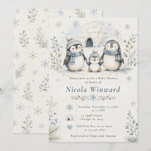 Pinguin-Baby-Party Einladung (Vorne/Hinten)