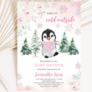 Pinguin-Baby-Party im rosa Winter Einladung