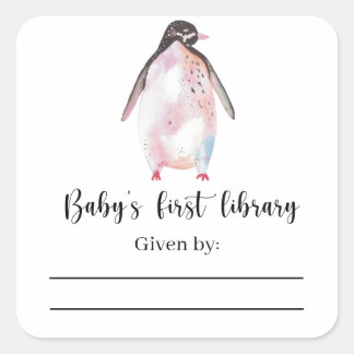 Pinguin - Babydusche Buchzeichen, Babybücher Quadratischer Aufkleber
