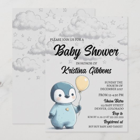 Pinguin-Babydusche Einladung (Vorne/Hinten)