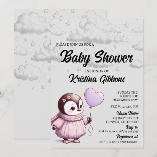 Pinguin-Babydusche Einladung (Vorne/Hinten)