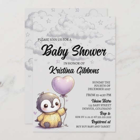 Pinguin-Babydusche Einladung (Vorne/Hinten)