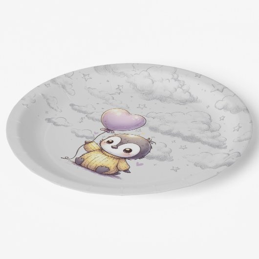 Pinguin-Babydusche Pappteller (Schrägansicht)