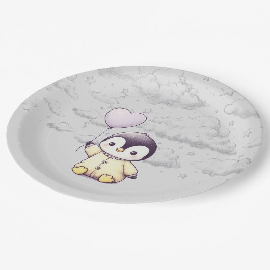 Pinguin-Babydusche Pappteller (Schrägansicht)