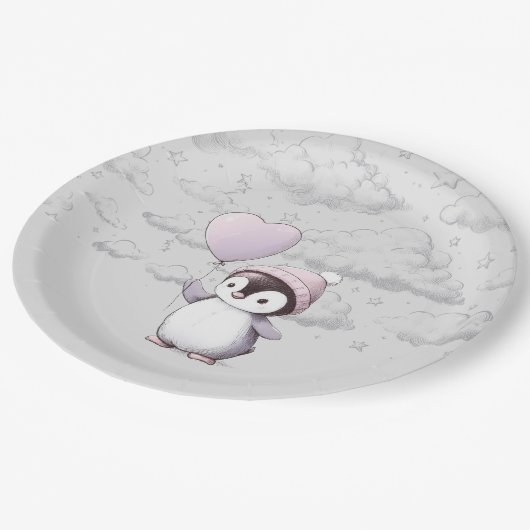Pinguin-Babydusche Pappteller (Schrägansicht)