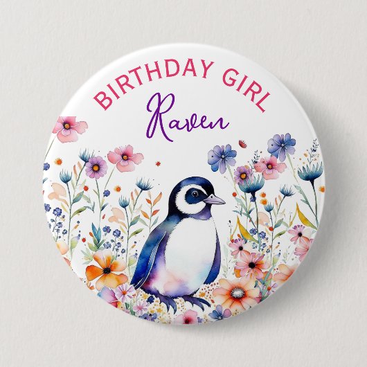 Pinguin bei Blume Geburtstagskinder Personalisiert Button (Vorderseite)