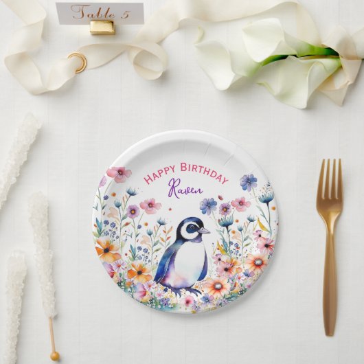 Pinguin bei Blume Personalisierter Geburtstag von Pappteller (Hochzeit)
