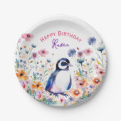 Pinguin bei Blume Personalisierter Geburtstag von Pappteller (Vorderseite)