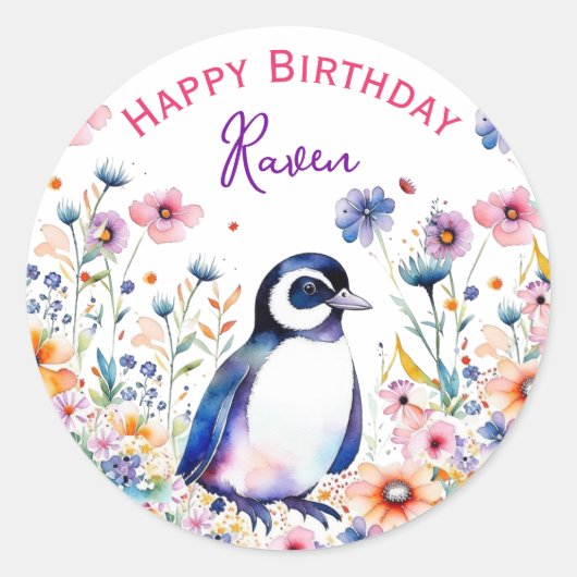 Pinguin bei Blume Personalisierter Geburtstag von  Runder Aufkleber (Vorderseite)