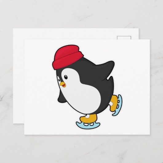 Pinguin bei Ice Skaten mit Hut Postkarte (Vorne/Hinten)