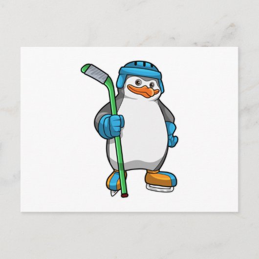 Pinguin beim Eishockey mit Eishockeyschläger Postkarte (Vorderseite)