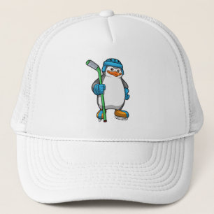 Pinguin beim Eishockey mit Eishockeyschläger Truckerkappe