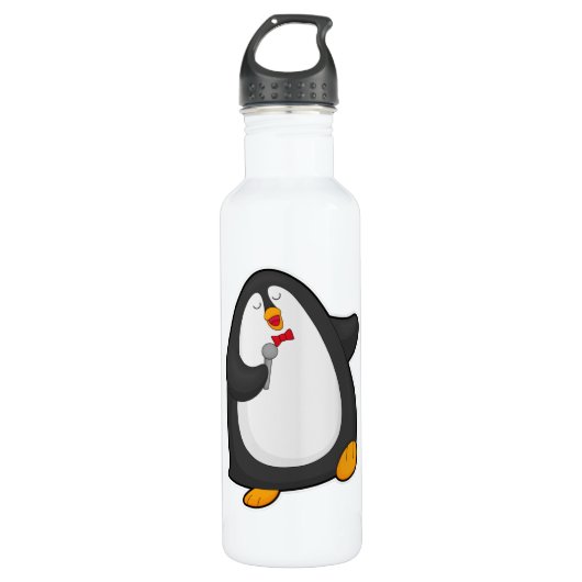 Pinguin beim Singen mit Mikrofon und Krawatte Edelstahlflasche (Vorderseite)