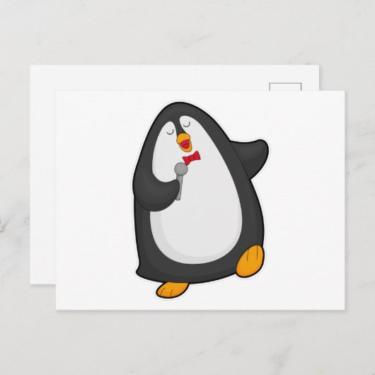 Pinguin beim Singen mit Mikrofon und Krawatte Postkarte (Vorne/Hinten)