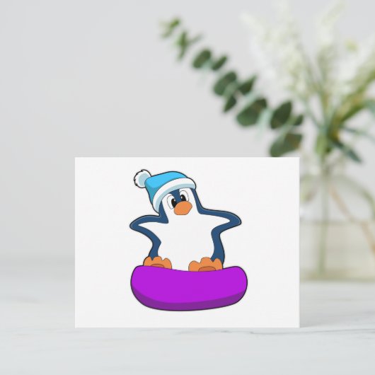 Pinguin beim Snowboarden mit Snowboard Postkarte (Stehend Vorderseite)