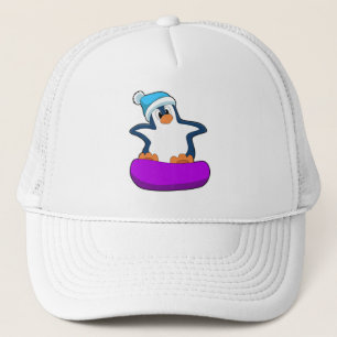Pinguin beim Snowboarden mit Snowboard Truckerkappe