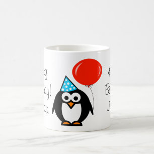 Pinguin Birthday Tasse mit Rot-Ballon und Name