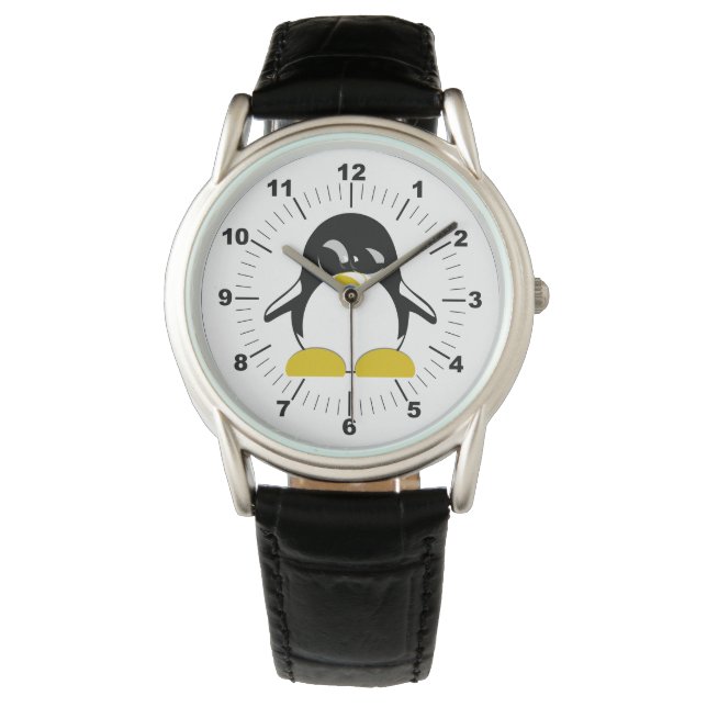 Pinguin Black Leather Strap Watch Armbanduhr (Vorderseite)