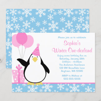 Pinguin-blauer Schneeflocke-Winter Onederland Einladung