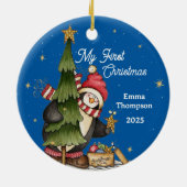 Pinguin Blue Background Baby's First Christmas Keramik Ornament (Hinten)