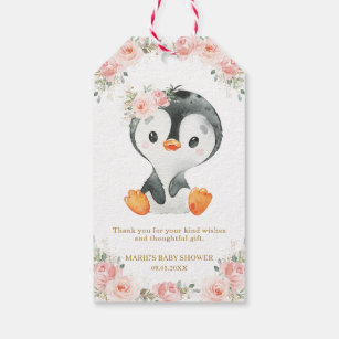 Pinguin Blush Floral Baby Dusche Geburtstagsparty  Geschenkanhänger
