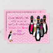 Pinguin Bowling Birthday Party Pink (Personalisier Einladung (Vorne/Hinten)