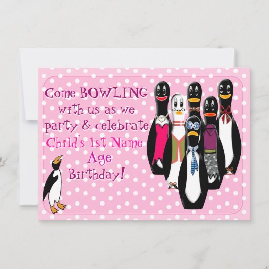 Pinguin Bowling Birthday Party Pink (Personalisier Einladung (Vorderseite)